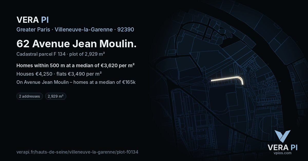 62 Avenue Jean Moulin, Villeneuve-la-Garenne at night – the plot lit, the parcels around coloured by the prices near them