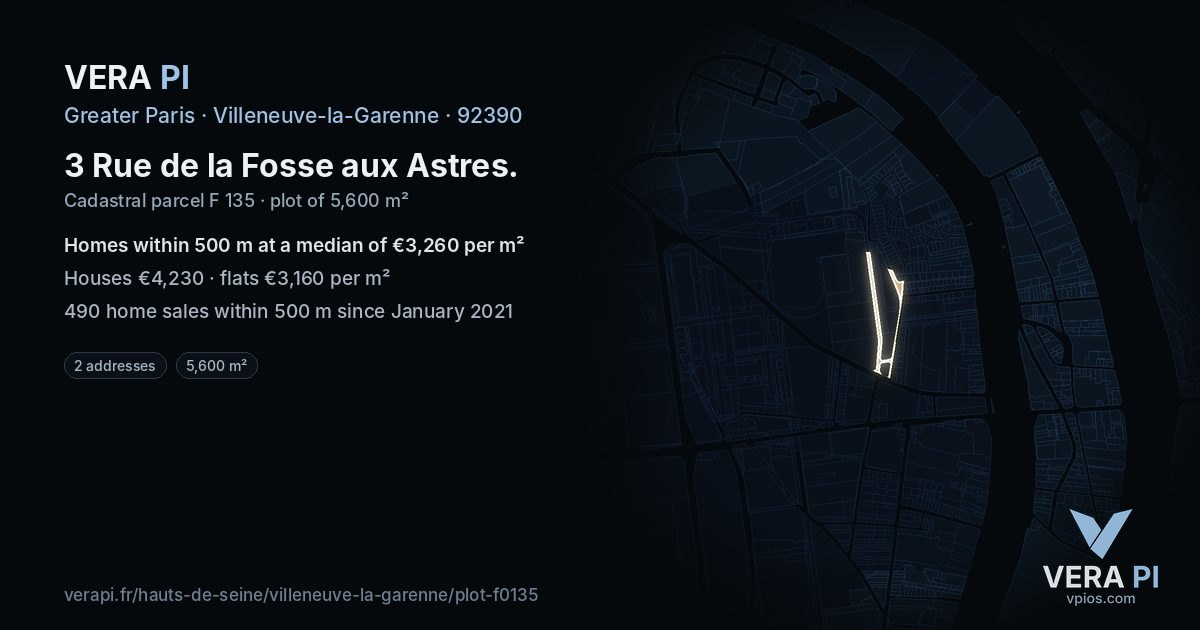 3 Rue de la Fosse aux Astres, Villeneuve-la-Garenne at night – the plot lit, the parcels around coloured by the prices near them