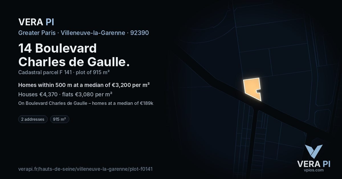 14 Boulevard Charles de Gaulle, Villeneuve-la-Garenne at night – the plot lit, the parcels around coloured by the prices near them