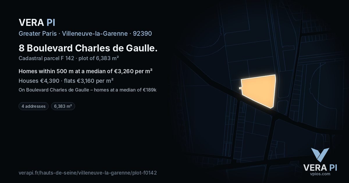 8 Boulevard Charles de Gaulle, Villeneuve-la-Garenne at night – the plot lit, the parcels around coloured by the prices near them