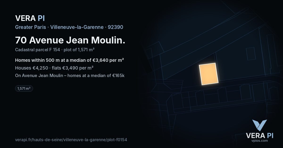 70 Avenue Jean Moulin, Villeneuve-la-Garenne at night – the plot lit, the parcels around coloured by the prices near them