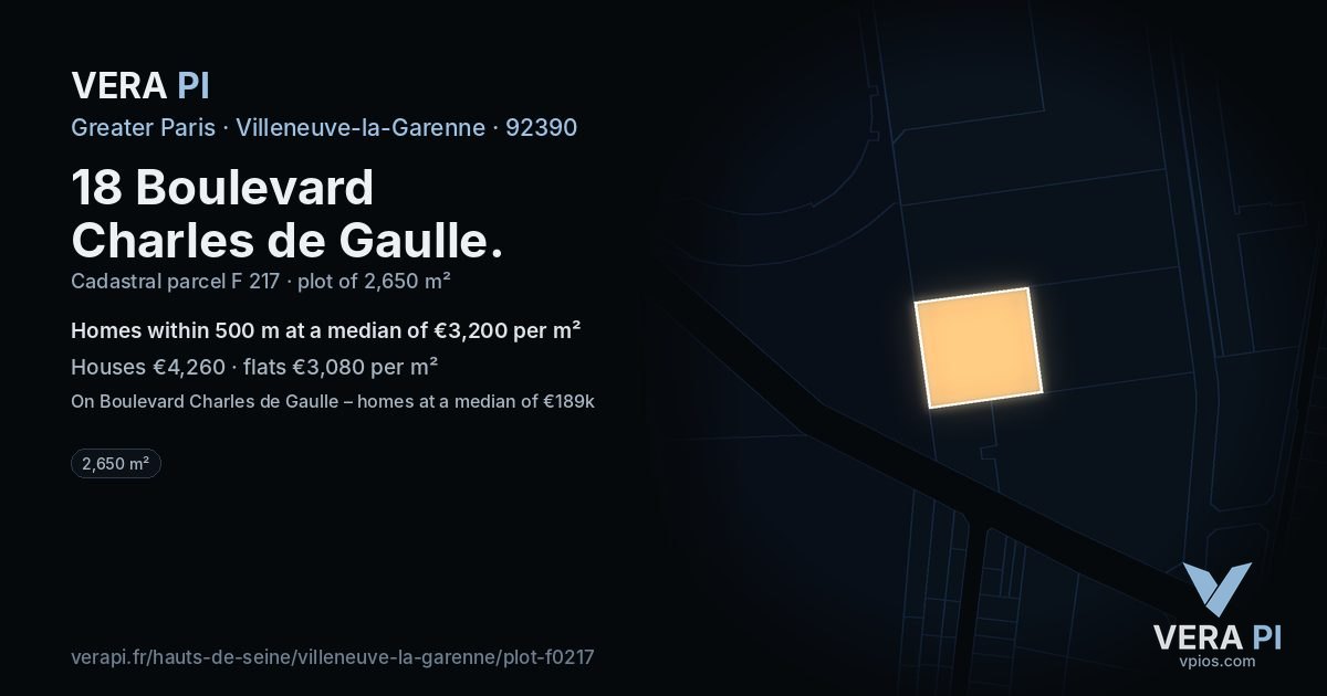 18 Boulevard Charles de Gaulle, Villeneuve-la-Garenne at night – the plot lit, the parcels around coloured by the prices near them