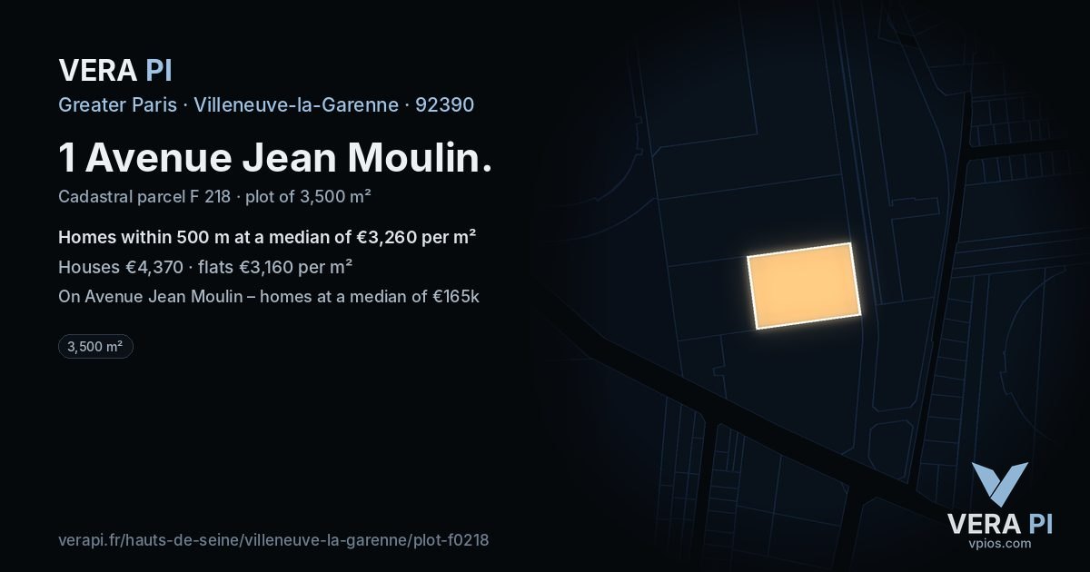 1 Avenue Jean Moulin, Villeneuve-la-Garenne at night – the plot lit, the parcels around coloured by the prices near them