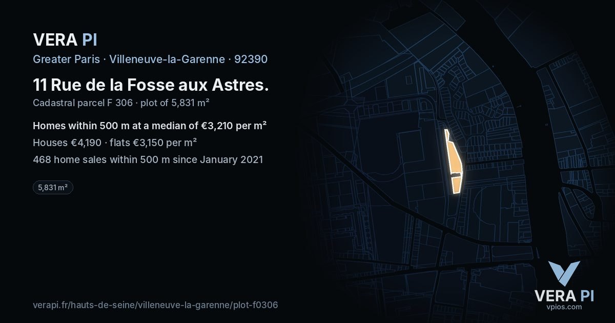 11 Rue de la Fosse aux Astres, Villeneuve-la-Garenne at night – the plot lit, the parcels around coloured by the prices near them