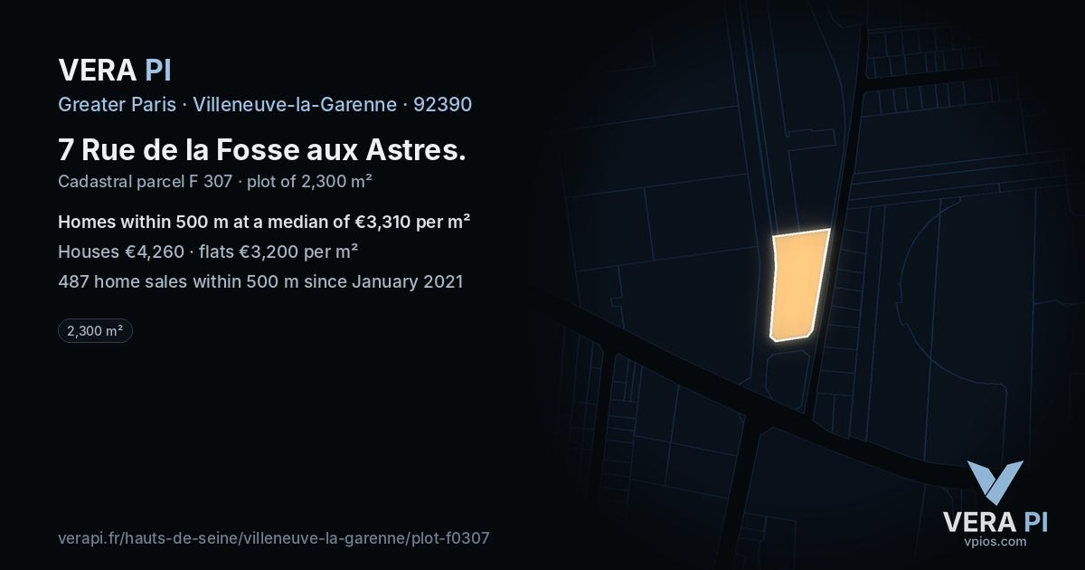 7 Rue de la Fosse aux Astres, Villeneuve-la-Garenne at night – the plot lit, the parcels around coloured by the prices near them