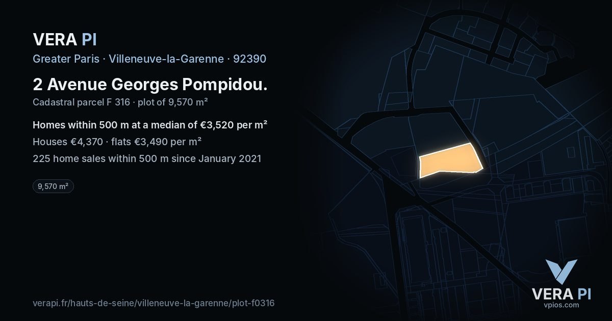 2 Avenue Georges Pompidou, Villeneuve-la-Garenne at night – the plot lit, the parcels around coloured by the prices near them