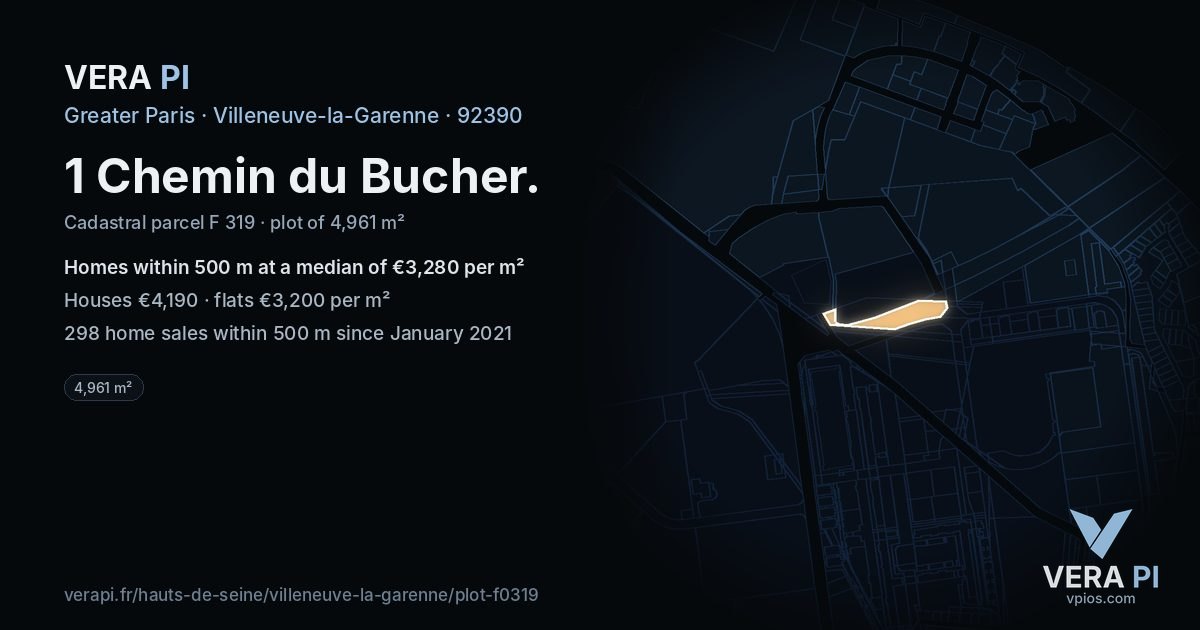 1 Chemin du Bucher, Villeneuve-la-Garenne at night – the plot lit, the parcels around coloured by the prices near them