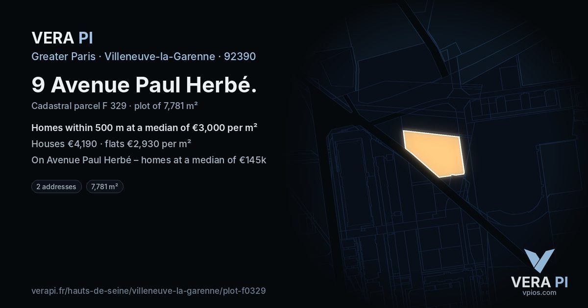 9 Avenue Paul Herbé, Villeneuve-la-Garenne at night – the plot lit, the parcels around coloured by the prices near them