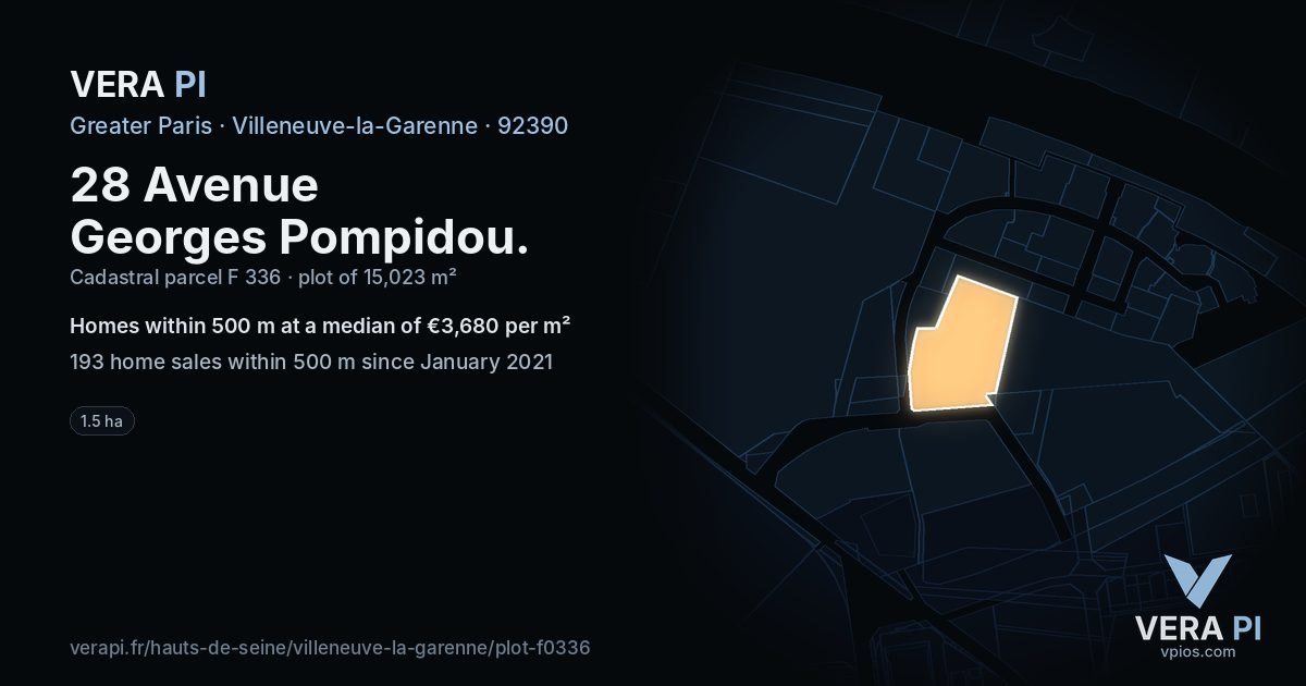 28 Avenue Georges Pompidou, Villeneuve-la-Garenne at night – the plot lit, the parcels around coloured by the prices near them