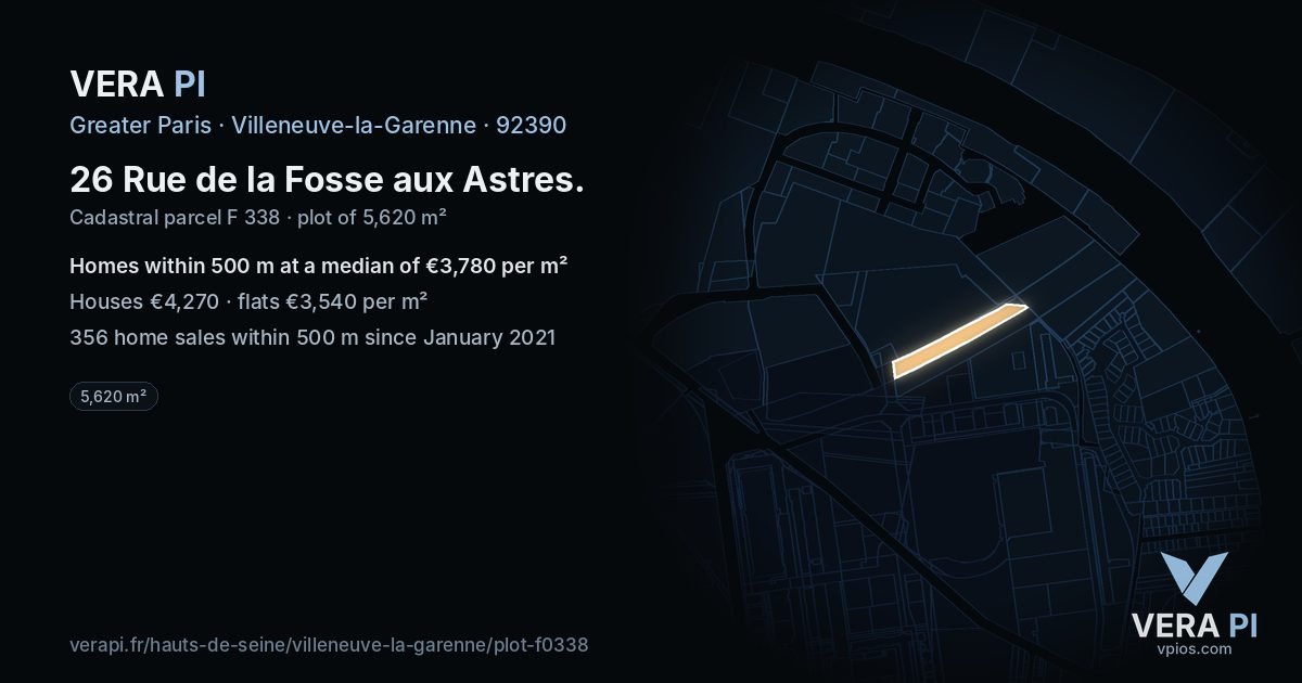 26 Rue de la Fosse aux Astres, Villeneuve-la-Garenne at night – the plot lit, the parcels around coloured by the prices near them