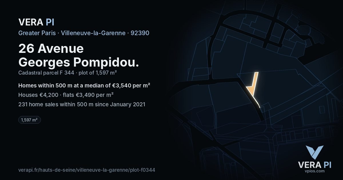 26 Avenue Georges Pompidou, Villeneuve-la-Garenne at night – the plot lit, the parcels around coloured by the prices near them