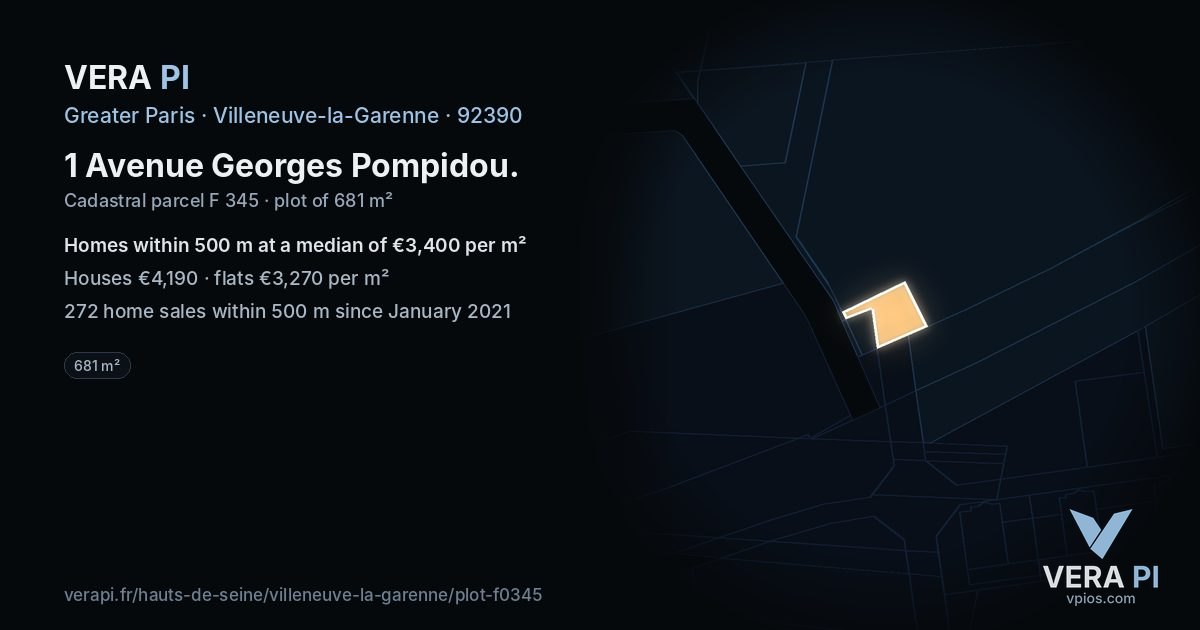 1 Avenue Georges Pompidou, Villeneuve-la-Garenne at night – the plot lit, the parcels around coloured by the prices near them