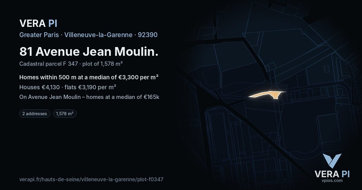 81 Avenue Jean Moulin, Villeneuve-la-Garenne at night – the plot lit, the parcels around coloured by the prices near them