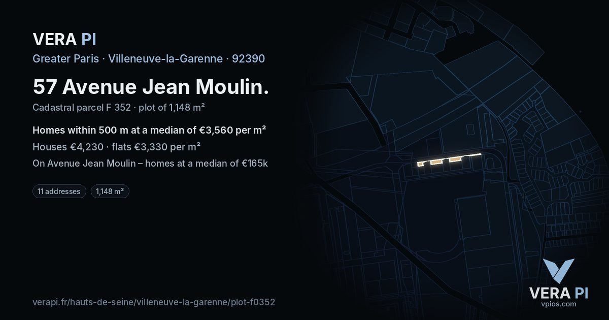 57 Avenue Jean Moulin, Villeneuve-la-Garenne at night – the plot lit, the parcels around coloured by the prices near them