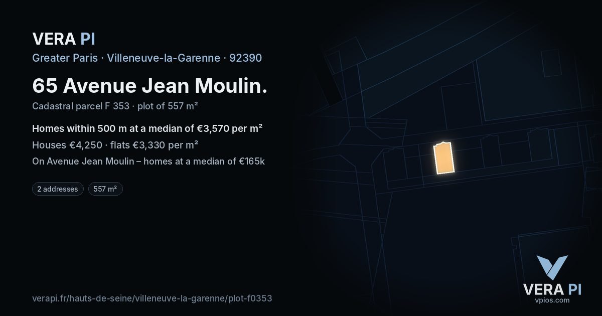 65 Avenue Jean Moulin, Villeneuve-la-Garenne at night – the plot lit, the parcels around coloured by the prices near them