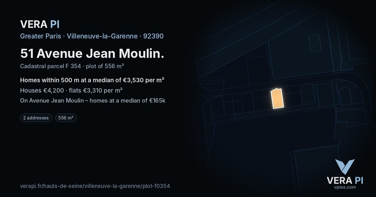 51 Avenue Jean Moulin, Villeneuve-la-Garenne at night – the plot lit, the parcels around coloured by the prices near them