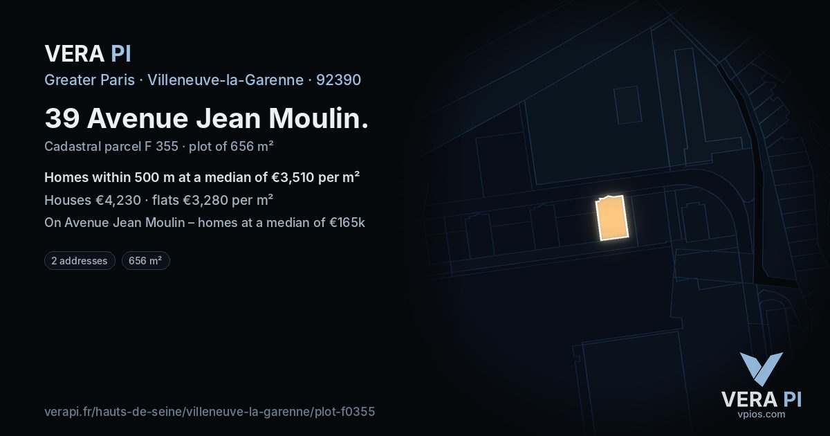 39 Avenue Jean Moulin, Villeneuve-la-Garenne at night – the plot lit, the parcels around coloured by the prices near them