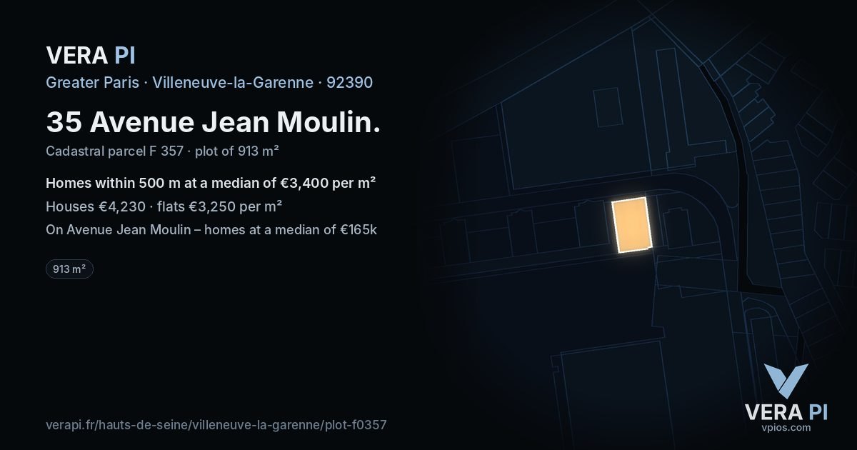 35 Avenue Jean Moulin, Villeneuve-la-Garenne at night – the plot lit, the parcels around coloured by the prices near them