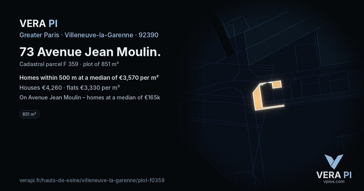 73 Avenue Jean Moulin, Villeneuve-la-Garenne at night – the plot lit, the parcels around coloured by the prices near them