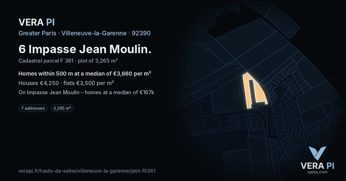 6 Impasse Jean Moulin, Villeneuve-la-Garenne at night – the plot lit, the parcels around coloured by the prices near them
