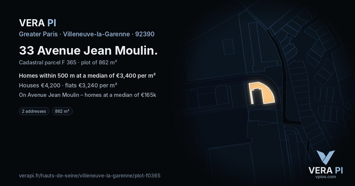 33 Avenue Jean Moulin, Villeneuve-la-Garenne at night – the plot lit, the parcels around coloured by the prices near them