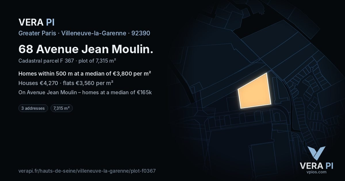68 Avenue Jean Moulin, Villeneuve-la-Garenne at night – the plot lit, the parcels around coloured by the prices near them