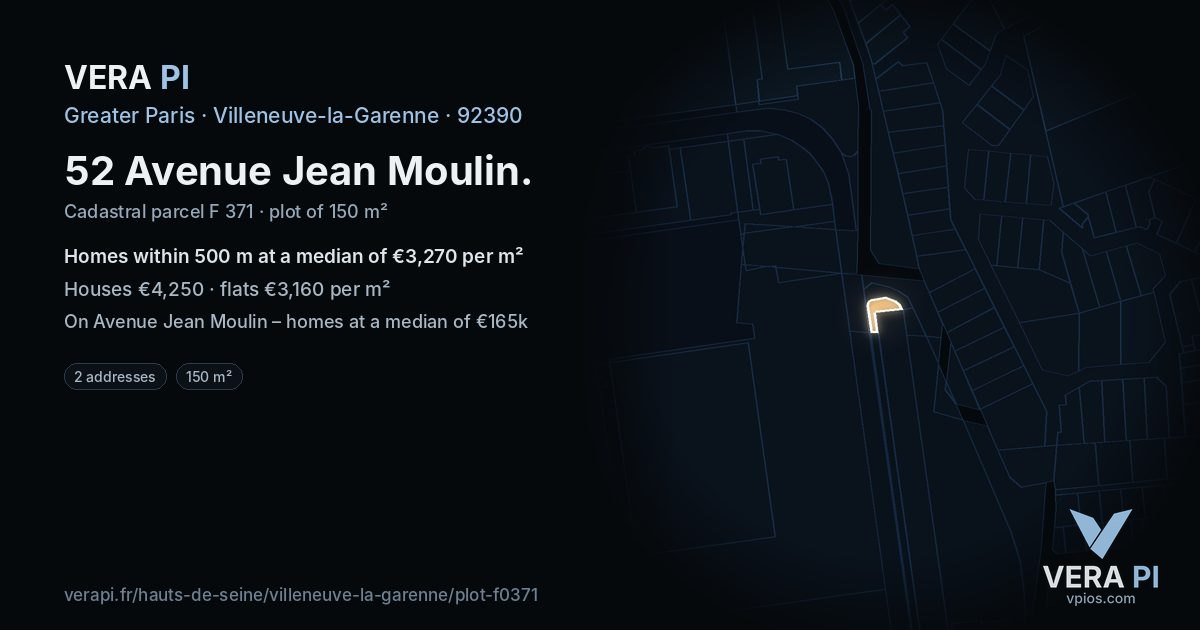 52 Avenue Jean Moulin, Villeneuve-la-Garenne at night – the plot lit, the parcels around coloured by the prices near them