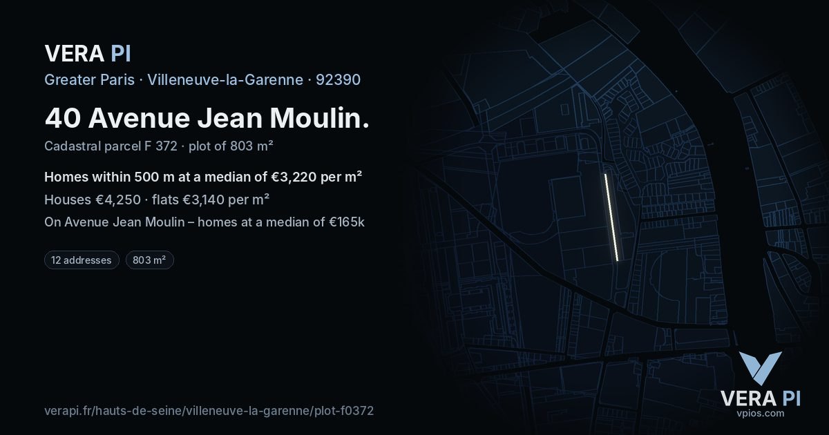 40 Avenue Jean Moulin, Villeneuve-la-Garenne at night – the plot lit, the parcels around coloured by the prices near them