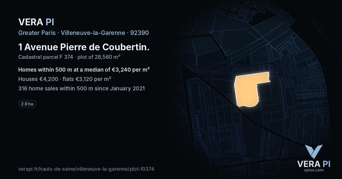 1 Avenue Pierre de Coubertin, Villeneuve-la-Garenne at night – the plot lit, the parcels around coloured by the prices near them