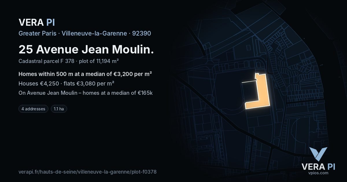 25 Avenue Jean Moulin, Villeneuve-la-Garenne at night – the plot lit, the parcels around coloured by the prices near them