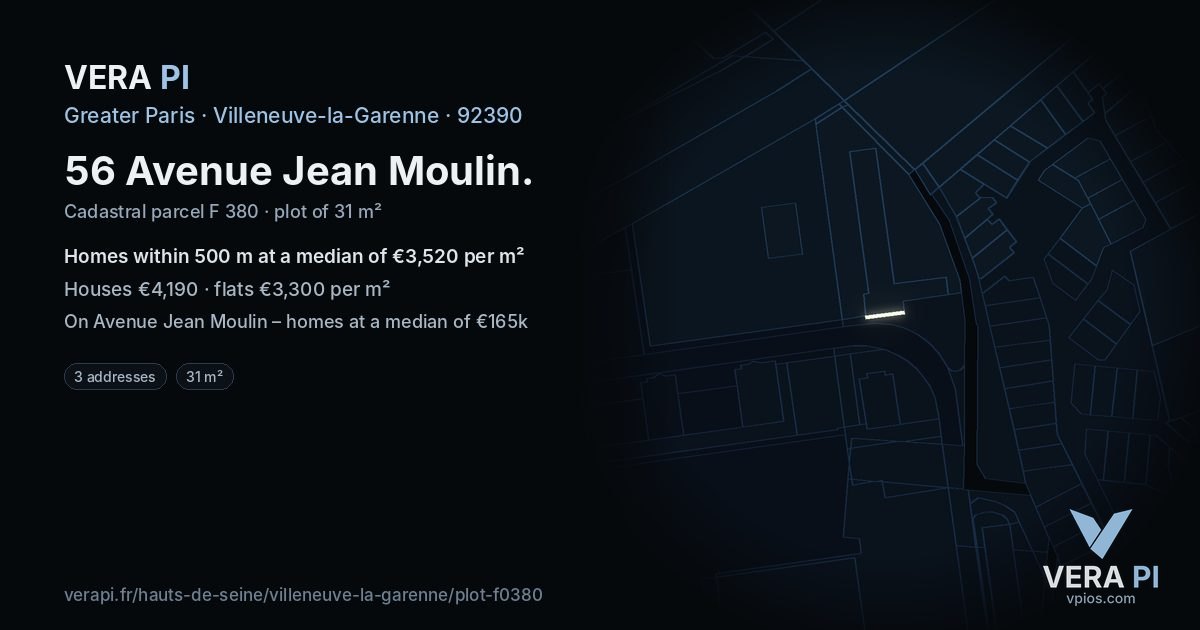 56 Avenue Jean Moulin, Villeneuve-la-Garenne at night – the plot lit, the parcels around coloured by the prices near them