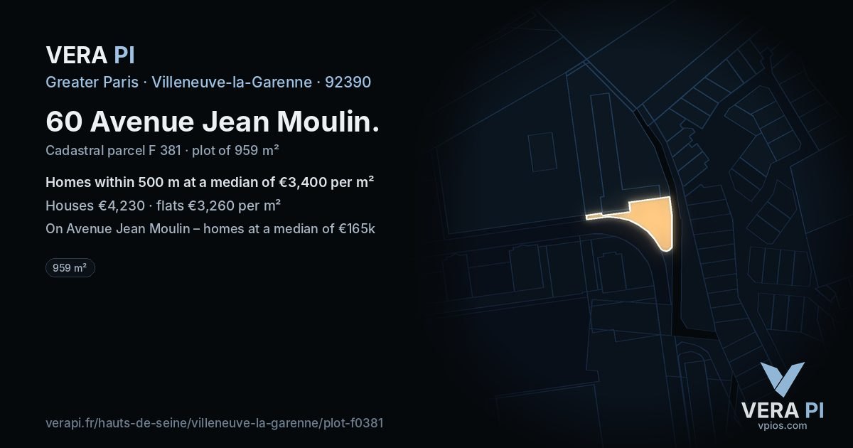 60 Avenue Jean Moulin, Villeneuve-la-Garenne at night – the plot lit, the parcels around coloured by the prices near them
