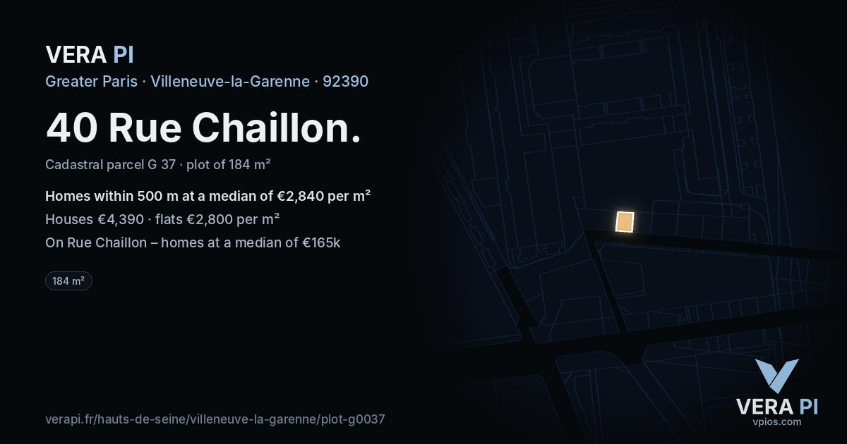 40 Rue Chaillon, Villeneuve-la-Garenne at night – the plot lit, the parcels around coloured by the prices near them