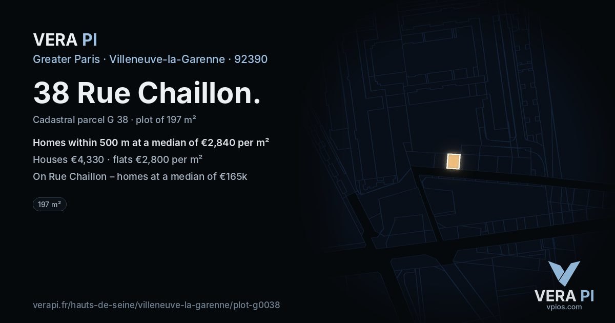 38 Rue Chaillon, Villeneuve-la-Garenne at night – the plot lit, the parcels around coloured by the prices near them