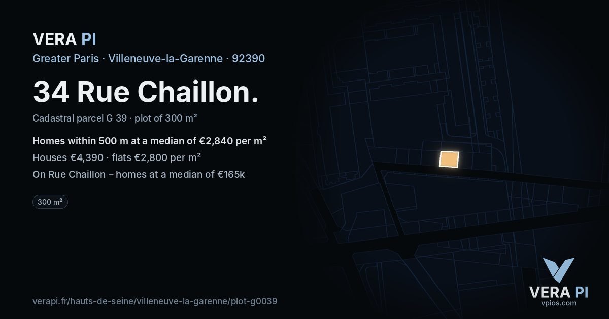 34 Rue Chaillon, Villeneuve-la-Garenne at night – the plot lit, the parcels around coloured by the prices near them