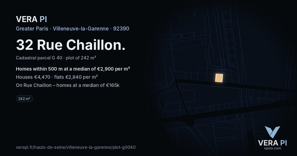 32 Rue Chaillon, Villeneuve-la-Garenne at night – the plot lit, the parcels around coloured by the prices near them