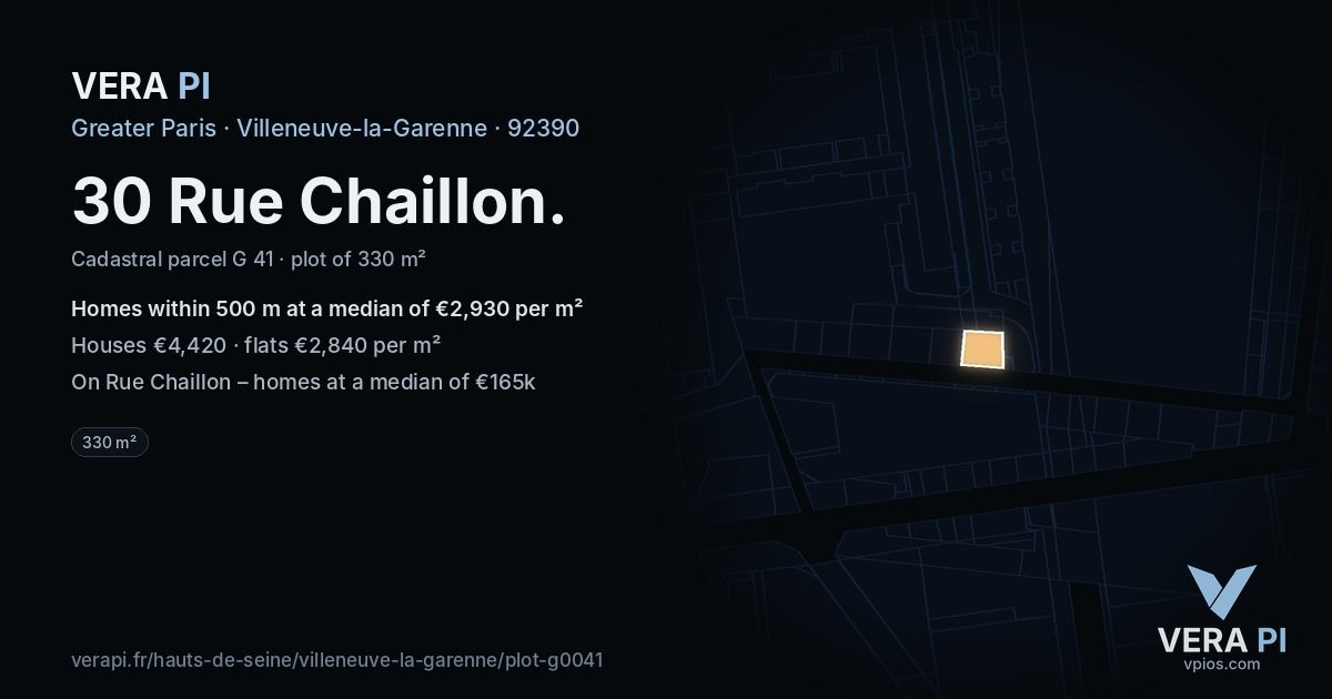 30 Rue Chaillon, Villeneuve-la-Garenne at night – the plot lit, the parcels around coloured by the prices near them