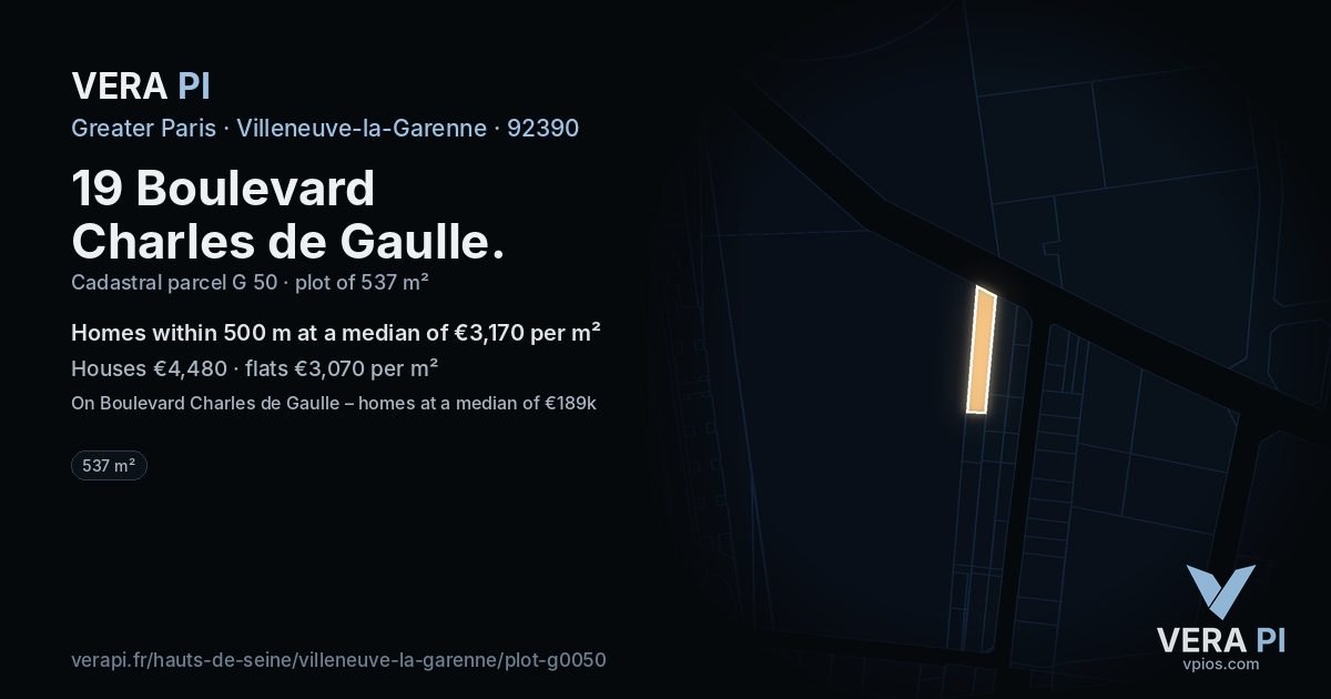 19 Boulevard Charles de Gaulle, Villeneuve-la-Garenne at night – the plot lit, the parcels around coloured by the prices near them