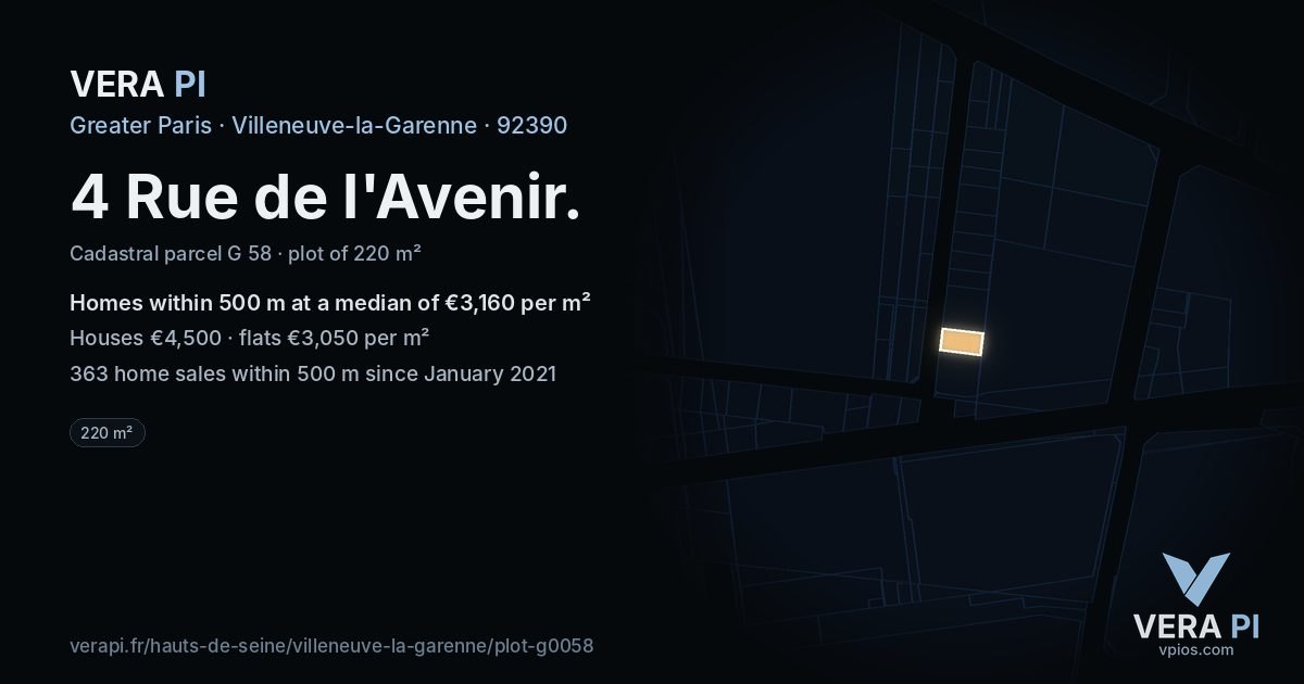 4 Rue de l'Avenir, Villeneuve-la-Garenne at night – the plot lit, the parcels around coloured by the prices near them
