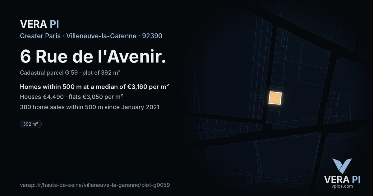 6 Rue de l'Avenir, Villeneuve-la-Garenne at night – the plot lit, the parcels around coloured by the prices near them