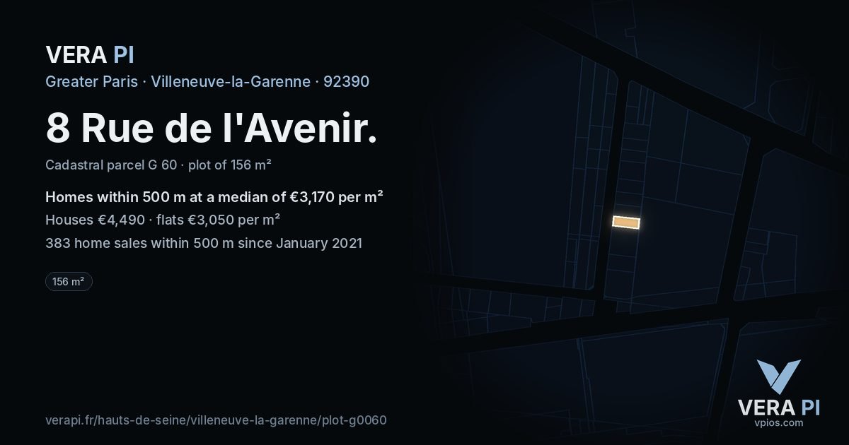 8 Rue de l'Avenir, Villeneuve-la-Garenne at night – the plot lit, the parcels around coloured by the prices near them