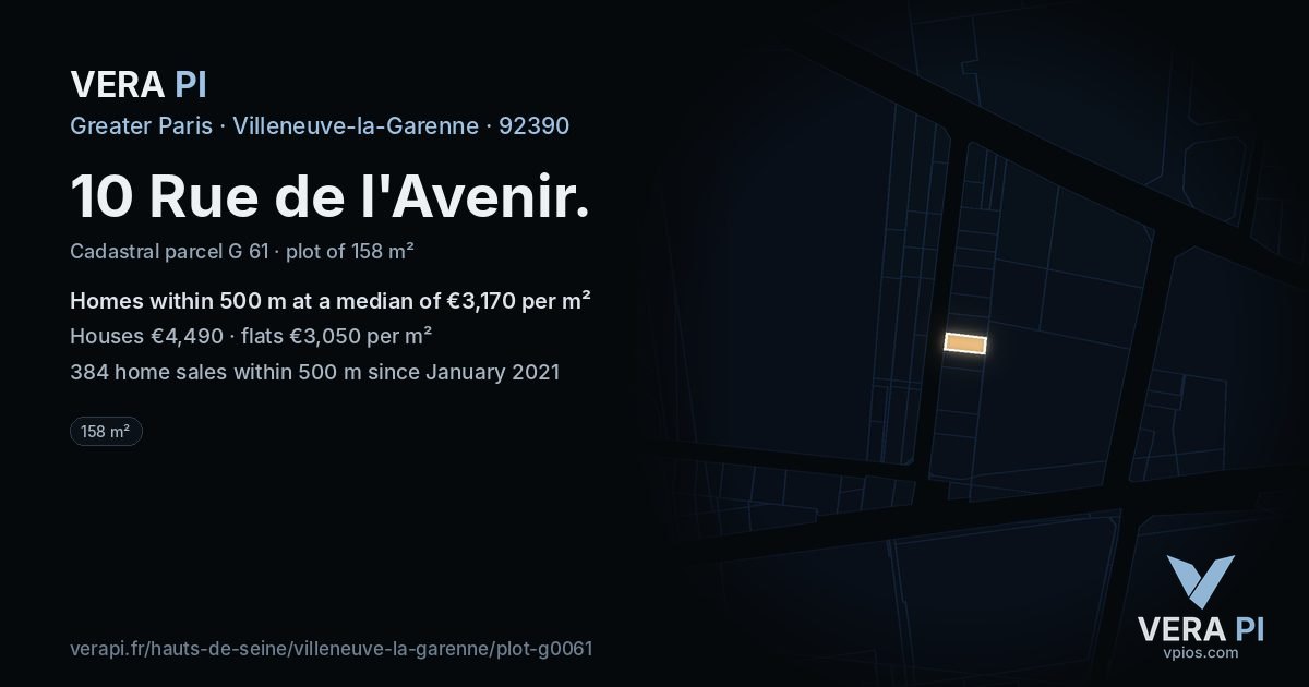 10 Rue de l'Avenir, Villeneuve-la-Garenne at night – the plot lit, the parcels around coloured by the prices near them