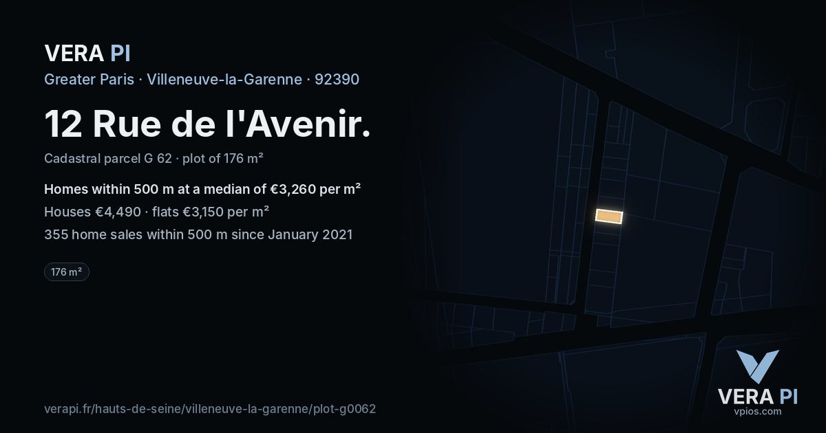 12 Rue de l'Avenir, Villeneuve-la-Garenne at night – the plot lit, the parcels around coloured by the prices near them