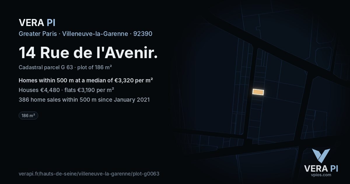 14 Rue de l'Avenir, Villeneuve-la-Garenne at night – the plot lit, the parcels around coloured by the prices near them