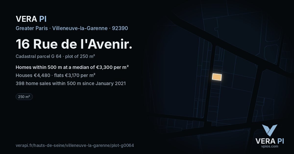 16 Rue de l'Avenir, Villeneuve-la-Garenne at night – the plot lit, the parcels around coloured by the prices near them
