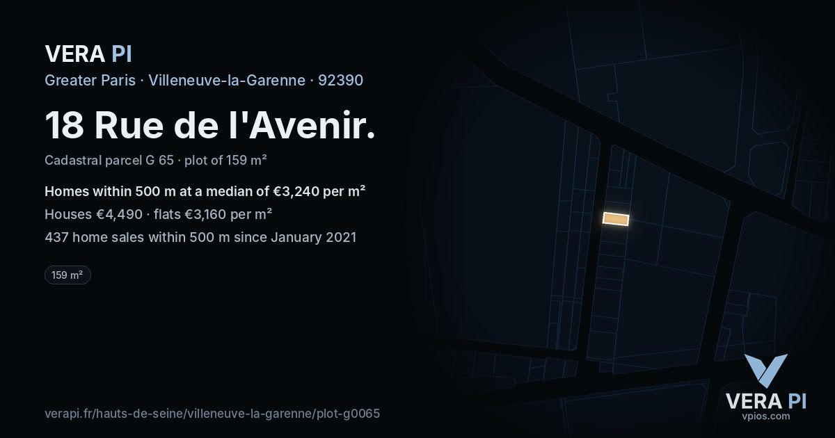 18 Rue de l'Avenir, Villeneuve-la-Garenne at night – the plot lit, the parcels around coloured by the prices near them