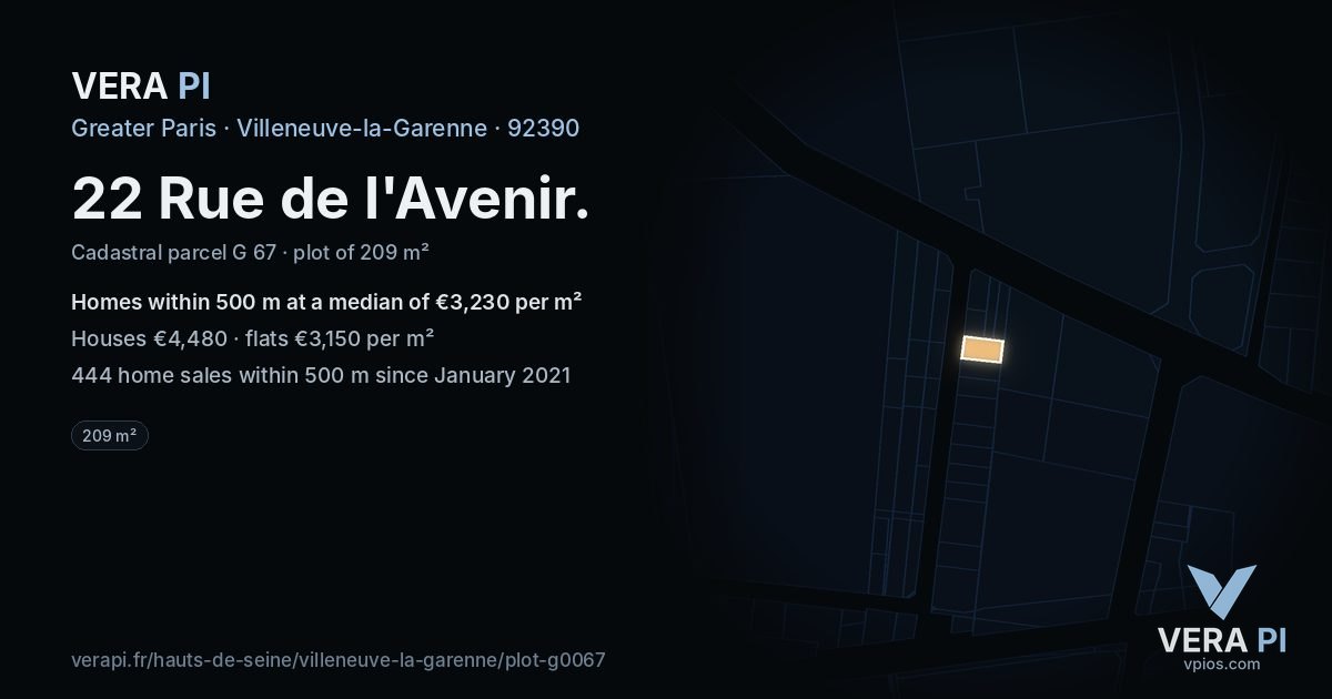 22 Rue de l'Avenir, Villeneuve-la-Garenne at night – the plot lit, the parcels around coloured by the prices near them