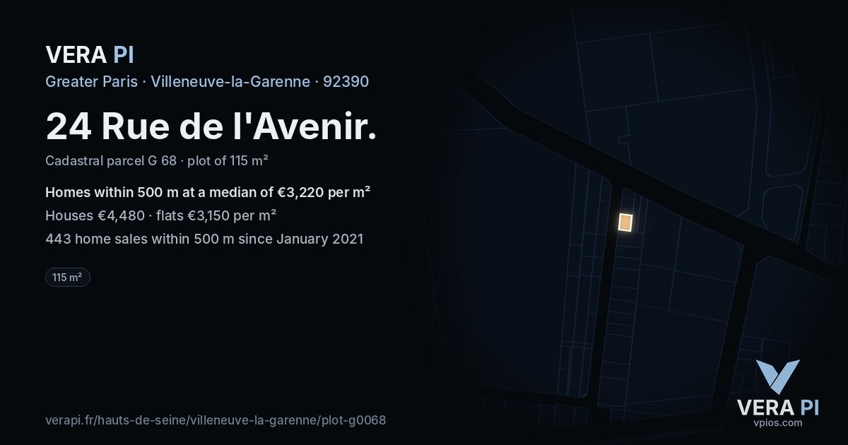 24 Rue de l'Avenir, Villeneuve-la-Garenne at night – the plot lit, the parcels around coloured by the prices near them