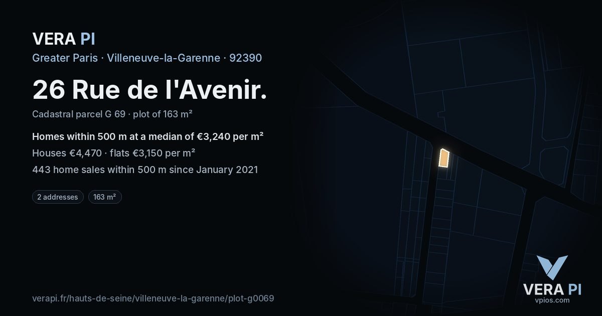 26 Rue de l'Avenir, Villeneuve-la-Garenne at night – the plot lit, the parcels around coloured by the prices near them