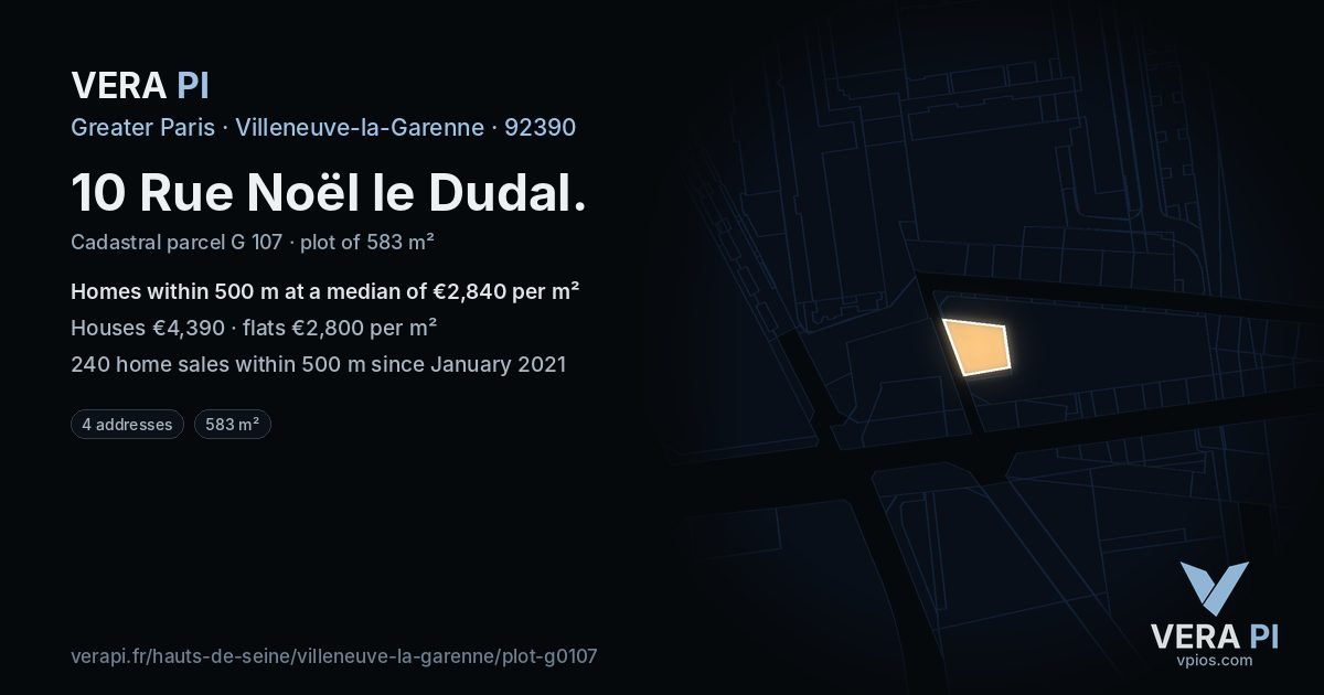 10 Rue Noël le Dudal, Villeneuve-la-Garenne at night – the plot lit, the parcels around coloured by the prices near them